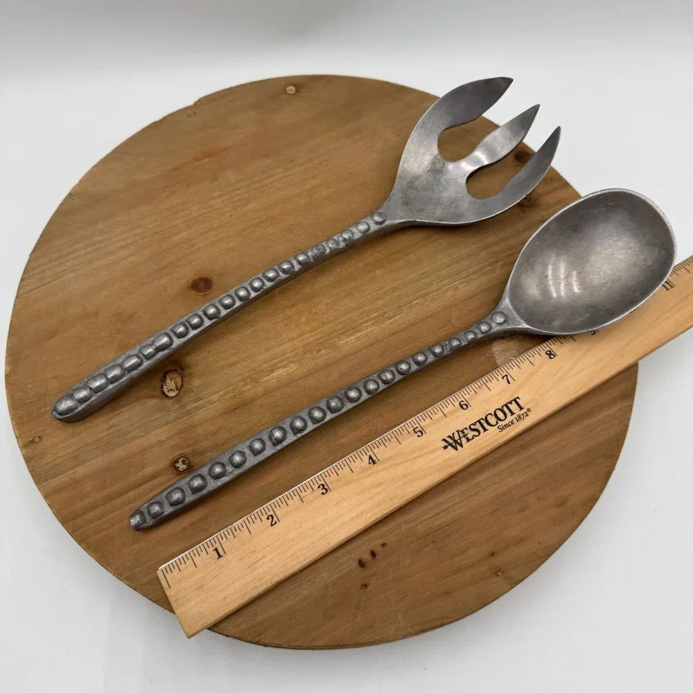 Vintage mid century modern pewter salad serve ware Table setting